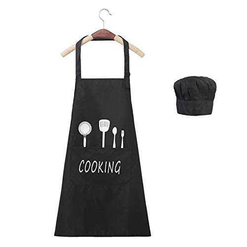 ZERHOK Delantal Negro Ajustable Impermeable Adultos 2pcs Mandil Cocina Ligero y a Prueba de Aceite Gorro Cocinero Barbacoa heramienta Cooking de Fibra Poliester para Restaurante panadería y casa