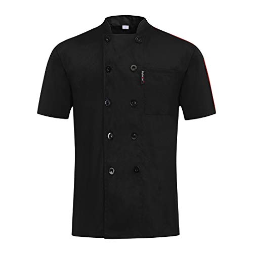 MJL Chaqueta Cocinero de Manga Corta Verano, Uniforme de Chef Hombre Mujer Unisexo, Ropa de Cocina Doble Pecho de Algodón Poliéster Durable para Chef, Camarero Negro Asiático L