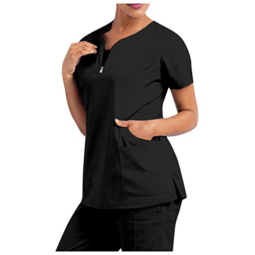 Blusa con Cuello en V de Manga Corta para Mujer Blusa de Bolsillo de Color sólido/impresión Uniforme de Trabajo