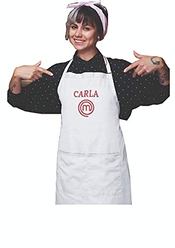 SAQUITOMAGICO Delantal Oficial Masterchef Personalizado con tu Nombre Bordado.Producto con Licencia Oficial (blanco personalizado)