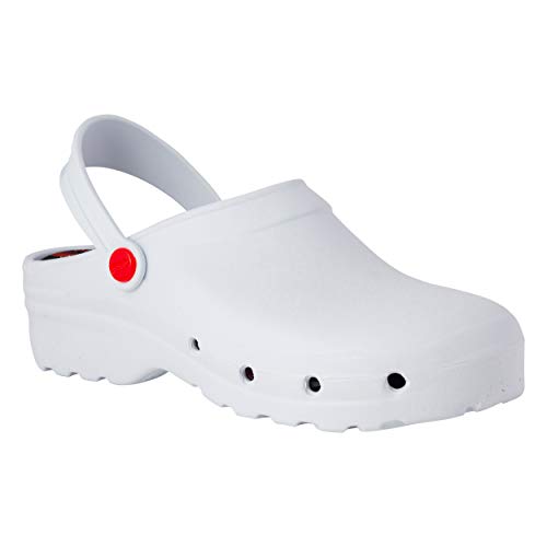 REPOSA Light Shock Zuecos Sanitarios, Zapatos de enfermería, Material eva Zapatos Sanitarios cómodos con capellada Superior Cerrada, Agujeros Laterales, Plantilla anatómica (Blanco, Numeric_38)