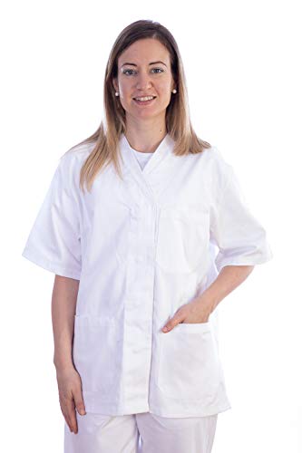 GIMA - Casaca de algodón y poliéster, Uniforme hospitalario, Color Blanco, Cuello en V, Media Manga, 5 Botones, para Mujer, Talla M, para médicos, Veterinarios, Enfermeras y Personal Sanitario.