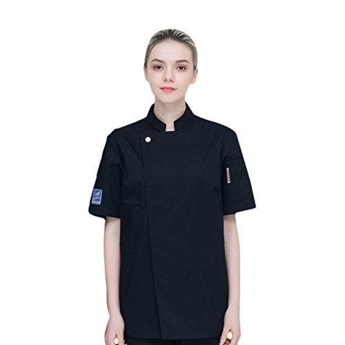 Dooxii Unisexo Mujeres Hombre Moda Verano Manga Corta Camisa de Cocinero Transpirable Chaquetas de Chef Uniforme Cocina Restaurante Occidental Negro 3XL