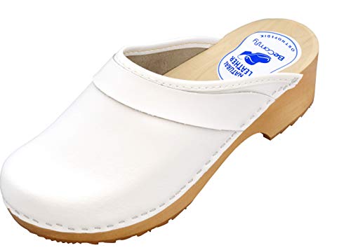 BeComfy - Zuecos de Madera con Cuero para Mujeres - Zapatos para el Trabajo - Suela Reforzada con una Capa de Goma Elástica - Blanco, Negro, Azul Marino, Flores (41 EU, Blanco-Liso)