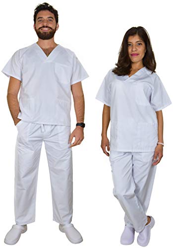 BeBright Uniformes Sanitarios Mujer y Hombre, Pijama Sanitario Blanco, Casaca y Pantalón Enfermera (Blanco, M)