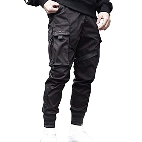 Hombres Pantalones de Carga,Pantalón Cargo Casuales,Pantalones de Hip Hop,Pantalones de Combate Holgados, Pantalone de Trabajo,Pants Sueltos Ocasionales (Negro Plus, L)