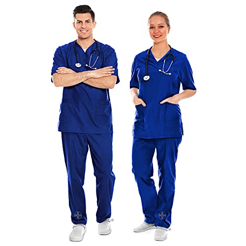 AIESI® Uniforme Sanitario Hombre Mujer de algodón 100% sanforizado Pantalones y Casaca con Cuello en V # Talla XXXL Azul Royal