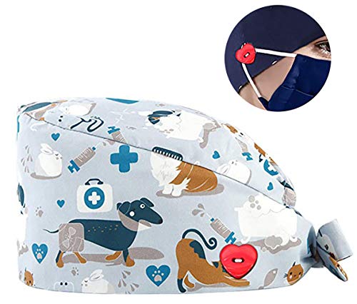 Cloudkids Sombrero Enfermera Estampado Unisex Ajustable Robin Hat Sombrero Quirofano Reutilizable Dentista Gorro para Pelo Largo Corto Gorro de Trabajo Algodón (Perro)