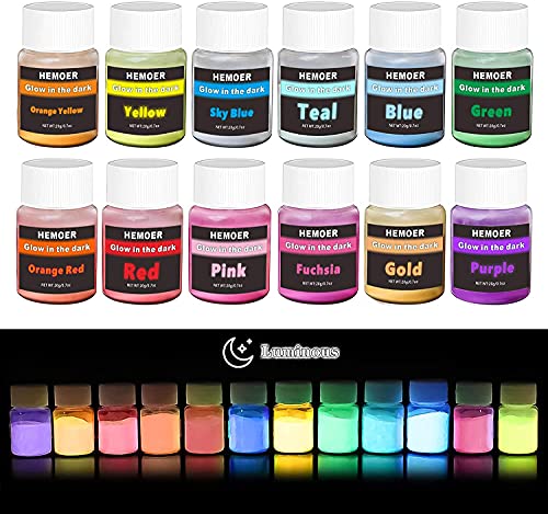 HEMOER Polvo Fluorescente, 12 colores Pigmentos Luminiscente para Pintura, uñas, manualidades, resina epoxi, cara, cuerpo, Pintura en polvo fluorescente 12 x 20gr