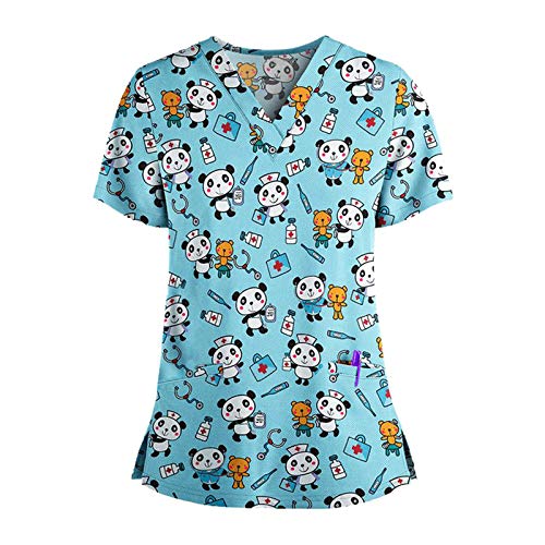 Tops de Mujer Uniforme de Trabajo Uniforme Estampado Camisa de Manga Corta Impresión de Dibujos Animados Top con Cuello en V