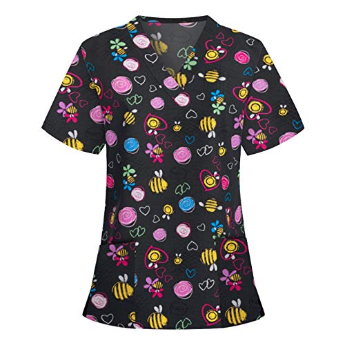 CUPPP Tops de Mujer Uniforme de Trabajo Uniforme Estampado Camisa de Manga Corta Impresión de Dibujos Animados Top con Cuello en V Talla Grande